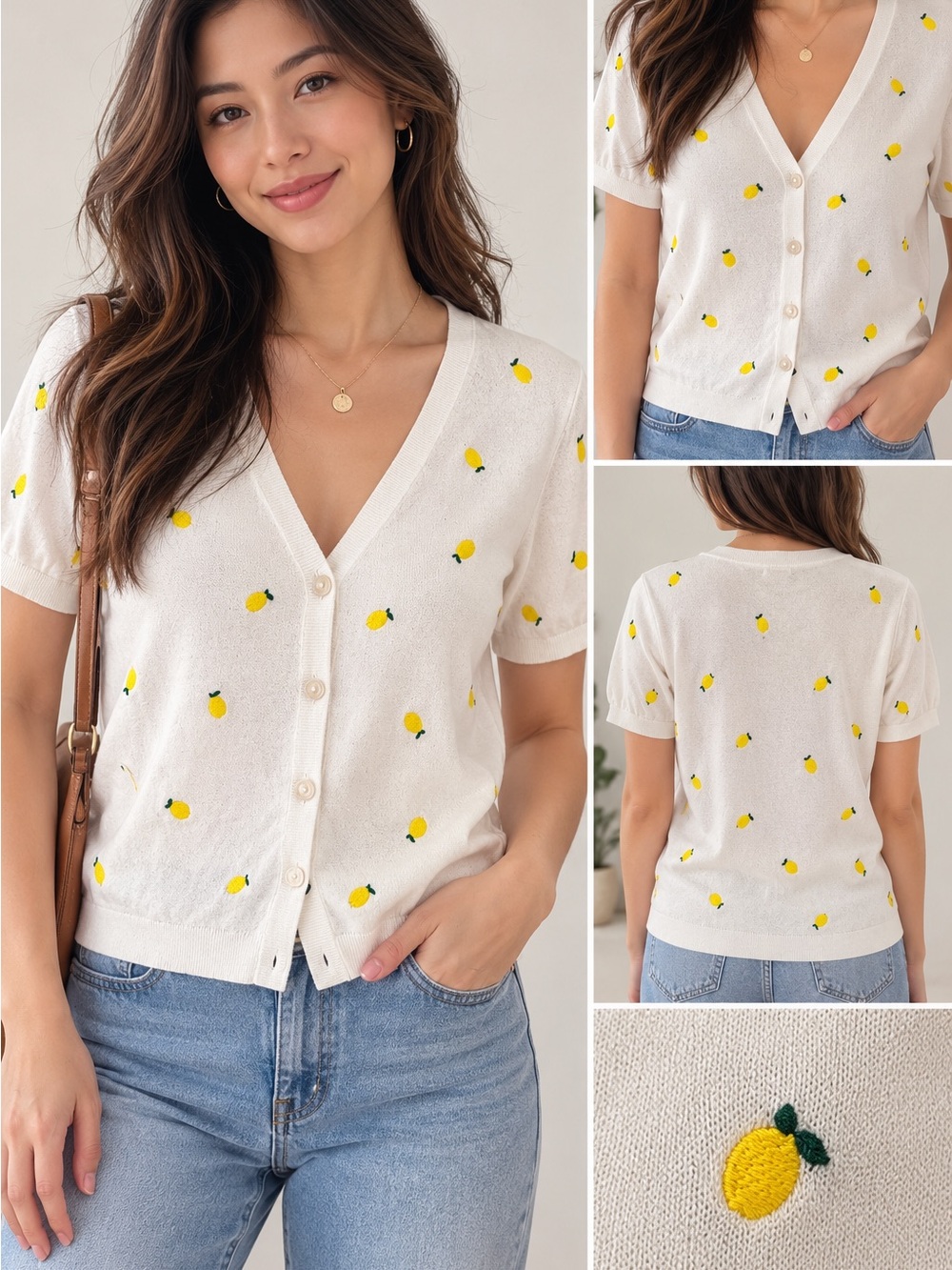LOFT White Lemon Embroidered 100% Cotton Short Sleeve Cardigan M